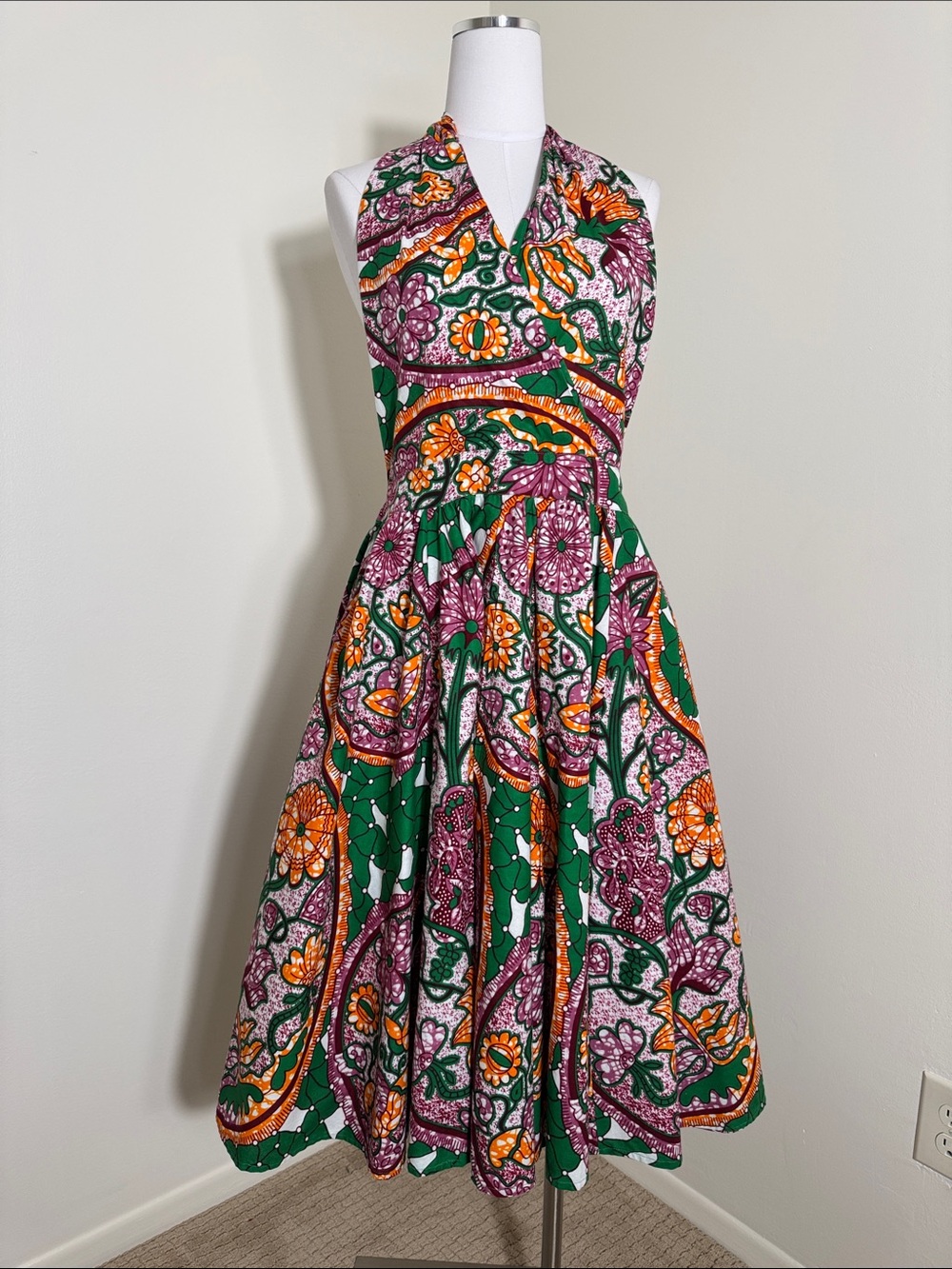 Handmade African Wax Print Ankara Cotton Halter Fit Flare Full Midi Dress